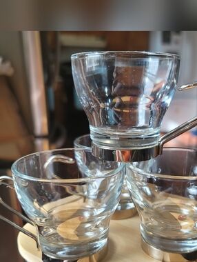 Italian Bormioli Rocco Italy Espresso Cups With Polished Metal Handles.